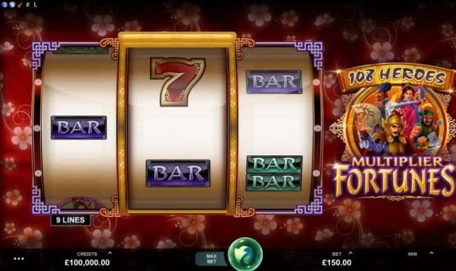 Main game board featuring three reels and 5 paylines with a $100,000 max payout.