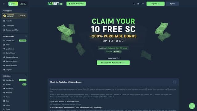 Acebet Sweepstakes Casino home screen