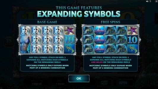 The game features expanding symbols. Any full stack on reel 1 expands all matching high symbols on remaining reels