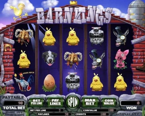 Main game board featuring three reels and 5 paylines with a $12,000 max payout. Featuring a farm animal theme.