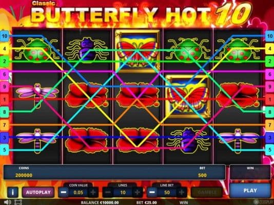 Main game board featuring five reels and 10 paylines with a $625,000 max payout.