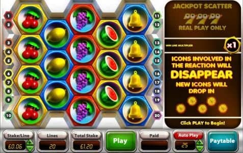 main game board featuring five reels and twenty paylines