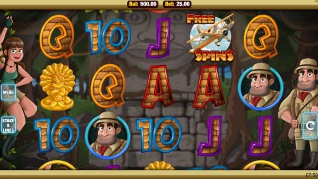 Main game board featuring five reels and 25 paylines with a $25,000 max payout.