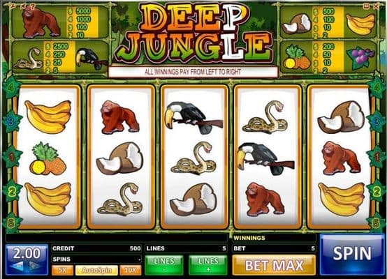 A jungle themed main game board featuring five reels and 5 paylines with a $10,000 max payout