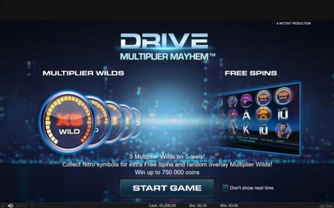features include multiplier wilds and free spins. 5 Multiplier Wilds on 5 reels! Collect Nitro symbols for extra free spins and random overlay multiplier wilds! Win up to 750,000 coins.