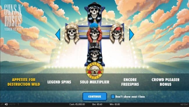 features include: Appetite for Destruction Wild, Legend Spins, Solo Multiplier, Encore Freespins and Crowd Pleaser Bonus.