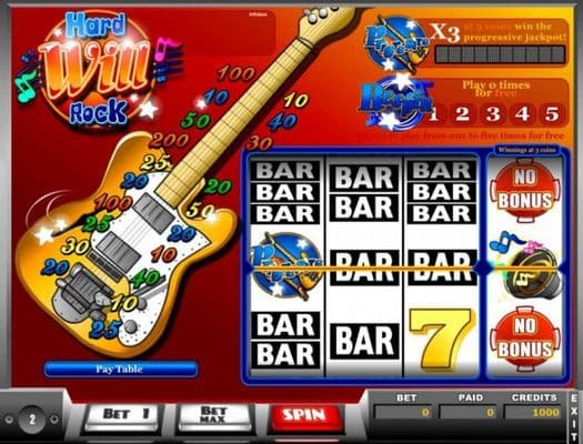 Main game board featuring three reels and 1 payline with a progressive jackpot max payout.