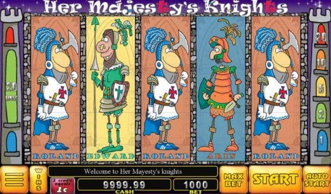 Main game board featuring five reels and 20 paylines with a $500 max payout.