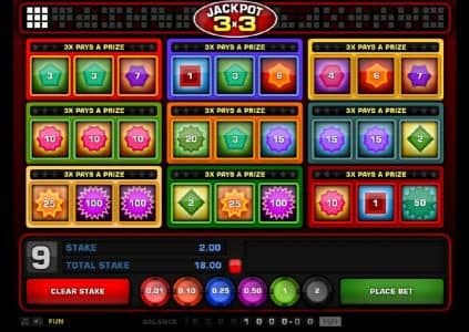 Main game board featuring three reels and 9 paylines with a $2,500 max payout
