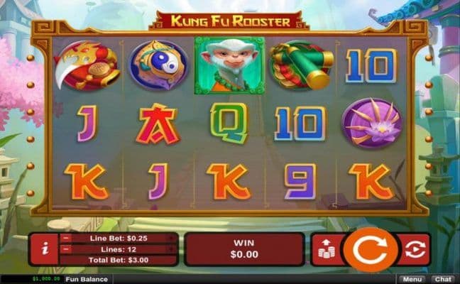 Main game board featuring five reels and 12 paylines with a $12,500 max payout.
