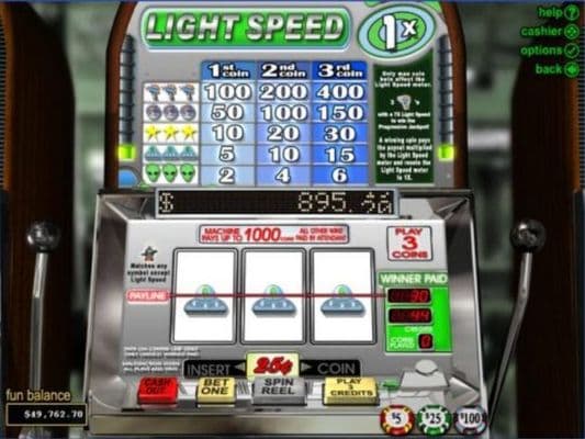 An alien themed main game board featuring three reels and 1 payline with a progressive jackpot max payout
