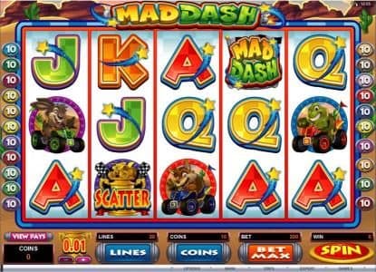 Main game board featuring five reels and 20 paylines with a $10,000 max payout