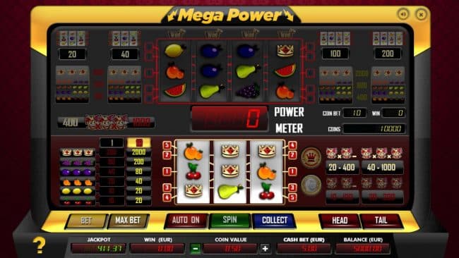 Main game board featuring three reels and 5 paylines with a $1,000 max payout.