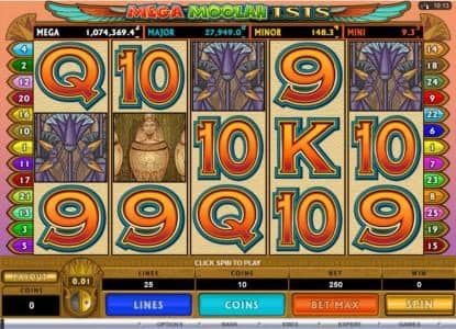 Main game board featuring five reels and 25 paylines with a $10,000 max payout