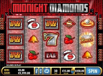 Main game board featuring five reels and 30 paylines with a $9,000 max payout