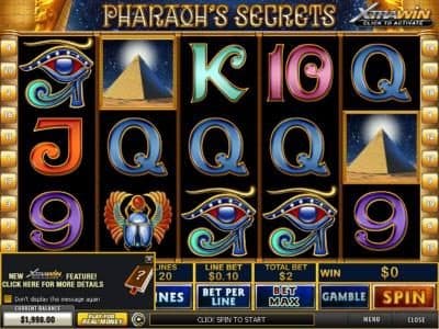 Main game board featuring five reels and 20 paylines with a $100,000 max payout