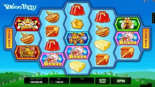 A honey bee themed main game board featuring five reels and 720 winning combinations with a $440,000 max payout.