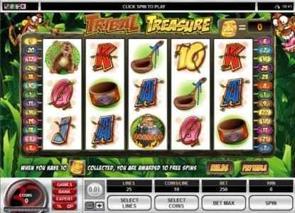 Main game board featuring five reels and 25 paylines with a $20,000 max payout