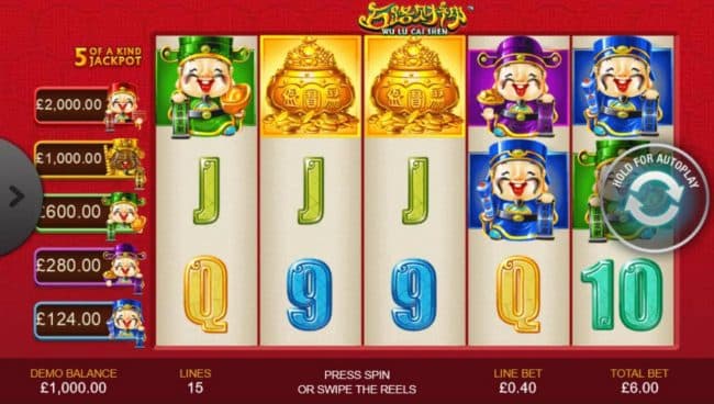 An Asian cultural themed main game board featuring five reels and 15 paylines with a progressive jackpot max payout